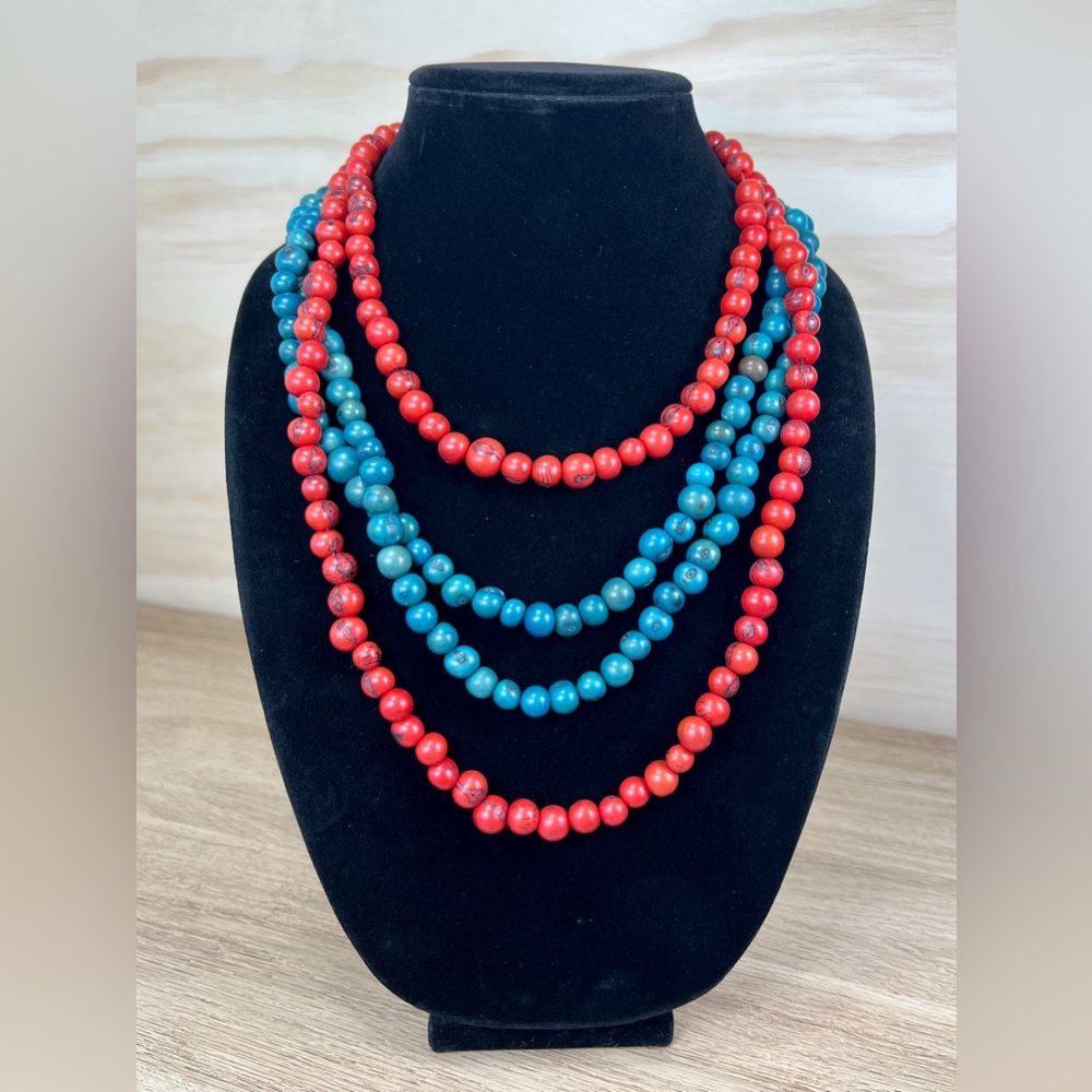 Pair of Vintage Red & Blue Long Beaded Necklaces